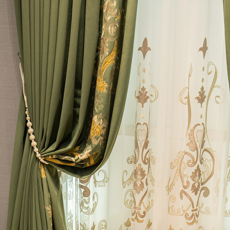 Custom green velvet embroidery thick French cloth curtain tulle drape C1774