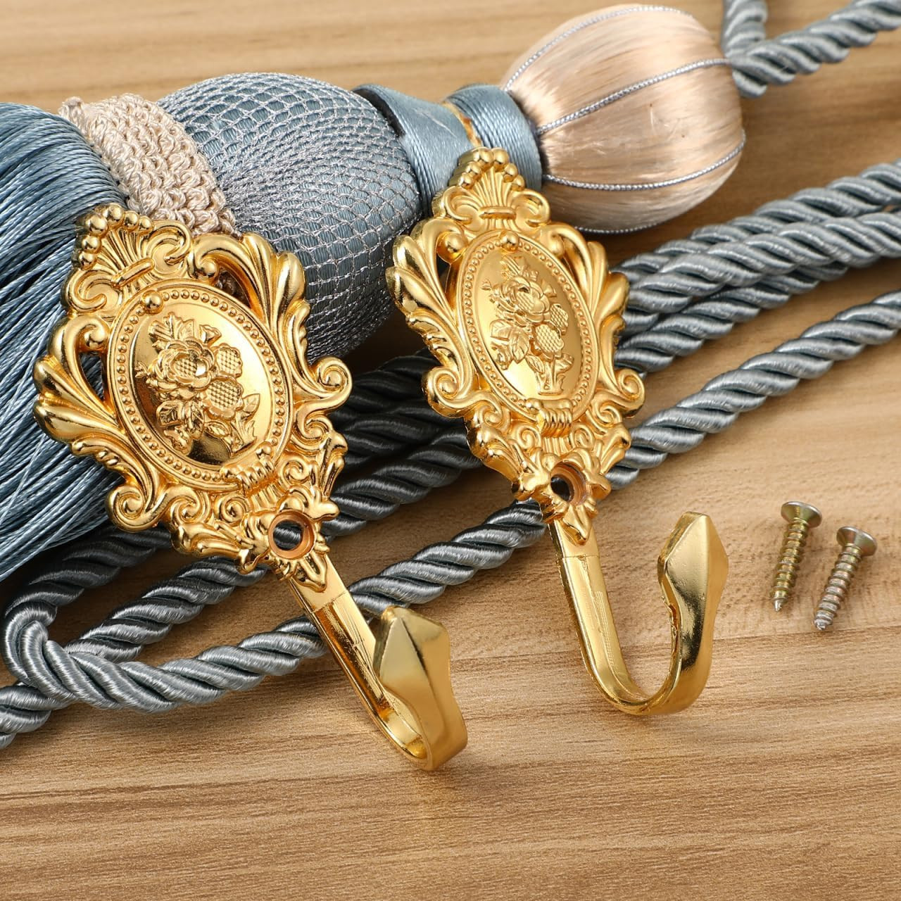 2 Pack Gold Curtain Holdbacks, Decorative Zinc Alloy Rose Floral Curtain Tieback