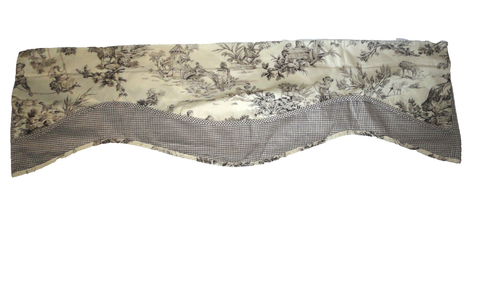 WAVERLY COUNTRY TOILE BROWN CREAM GINGHAM SWINGS MULES (2) VALANCES 14X50