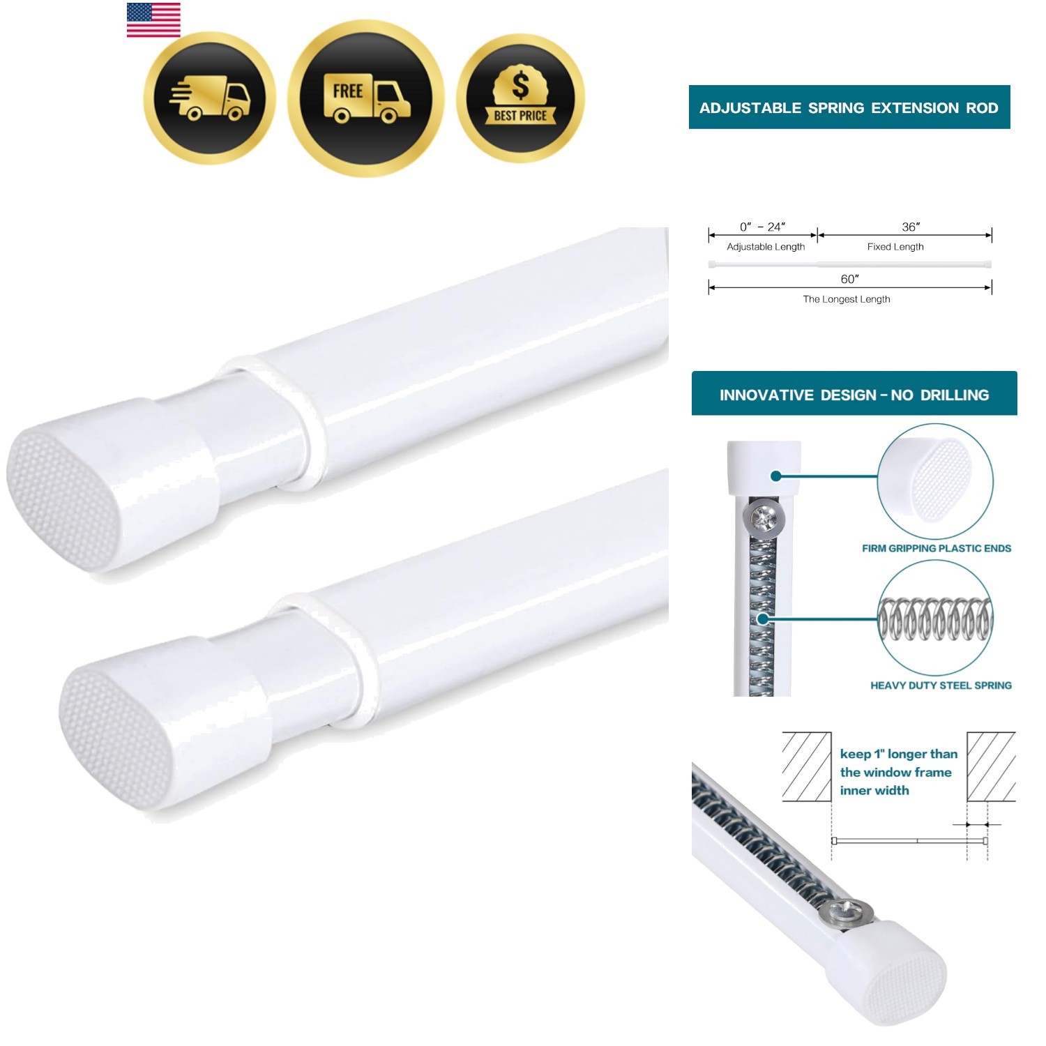 2 Pack Tension Rod Oval Spring Tension Curtain Rod Adjustable 36 to 60 Inches…