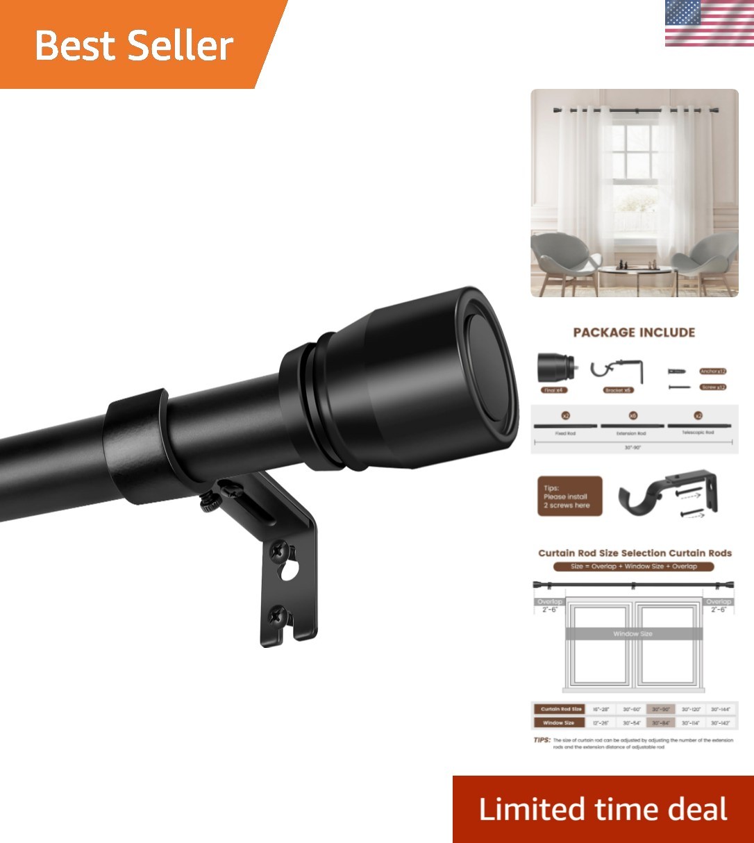 Elegant 30-90 Inch Matte Black Curtain Rods for Windows – 2 Pack – Durable Iron