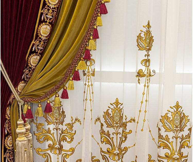 luxury costom Red gold window velvet cloth lace blackout curtain tulle M1845