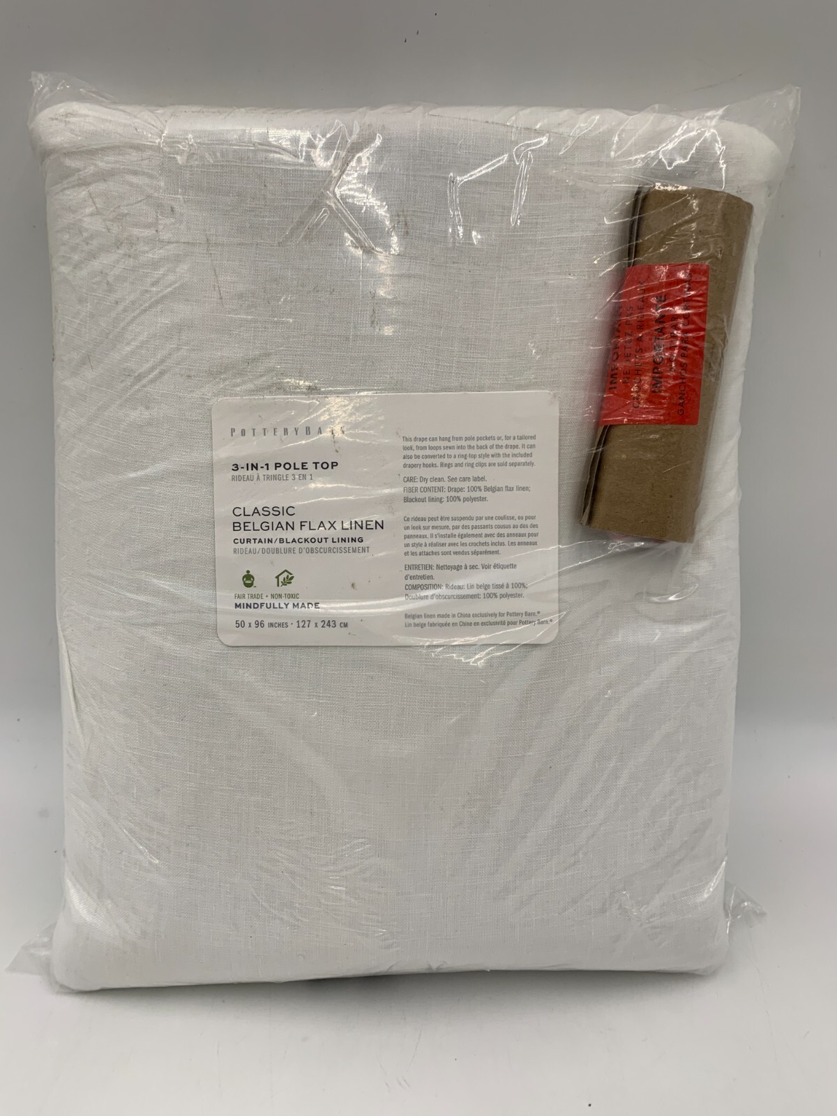 Pottery Barn Belgian Flax Blackout Curtain Drape 50 x 96″ White #3083