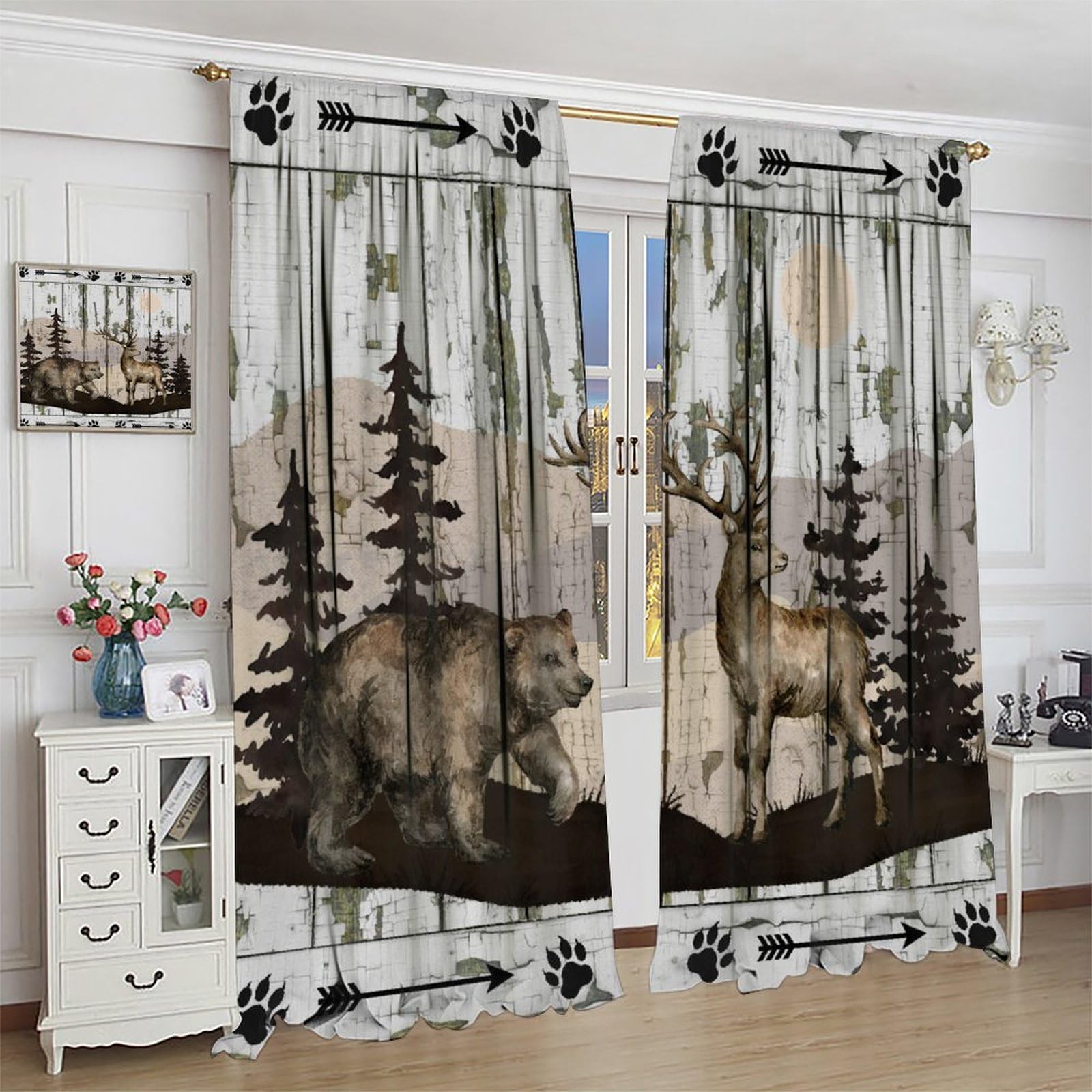 Wild Bear Deer Curtains, Rustic Cabin Country Farmhouse Wooden Barn Door Wild…