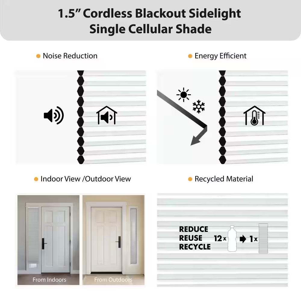 White Cordless Blackout Eco Polyester 9/16 In. Sidelight Single Cellular Shade –