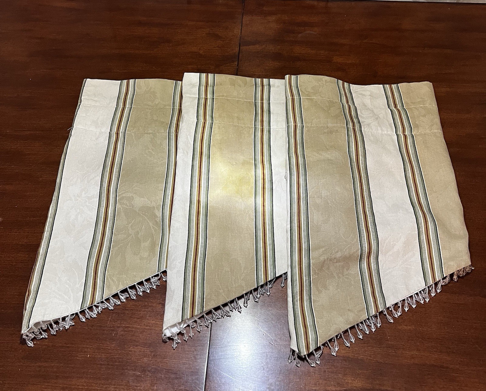 3 Waverly Home Beaded Striped Lined valances, Cream, Green, Burgundy 52” X 23”
