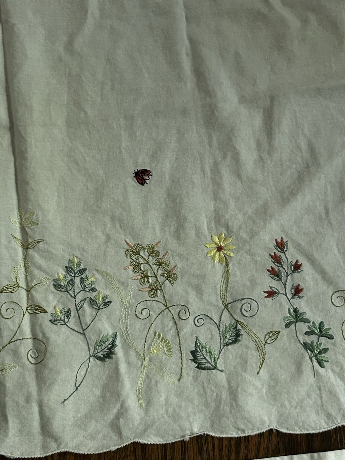 Cottage Style Hand Embroidered Cafe Curtain Panels Floral Ladybug White Scallop