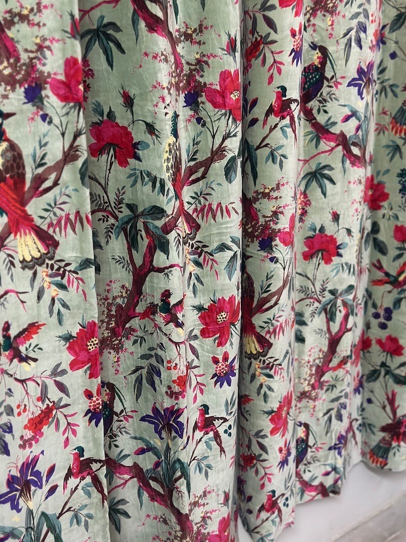 Boho Vintage Style Cotton Velvet Sage/Olive Green Bird Print Curtain – 4 Piece