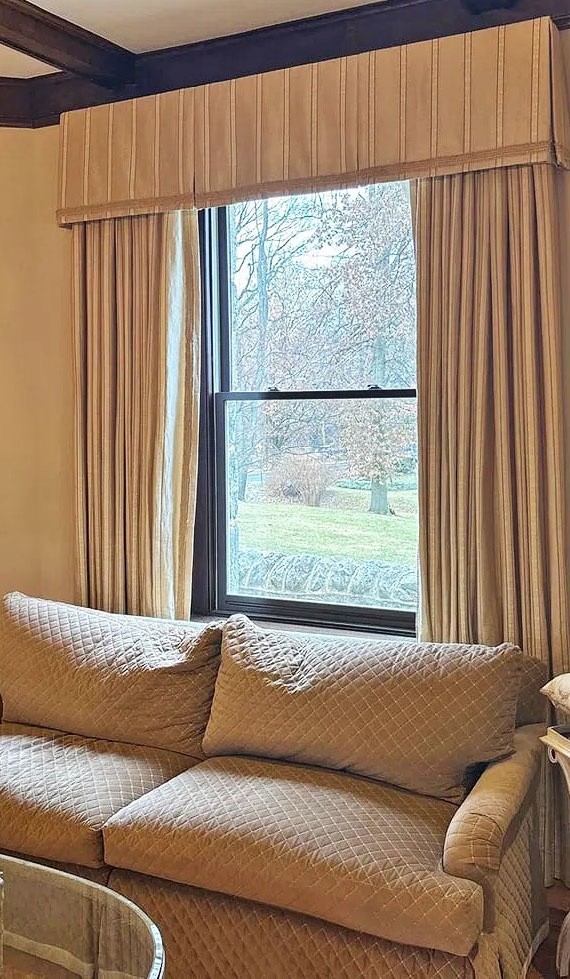 High End Designer Custom Pinch Pleated Beige Silk Curtains w/ Fringe Trim ZZ776