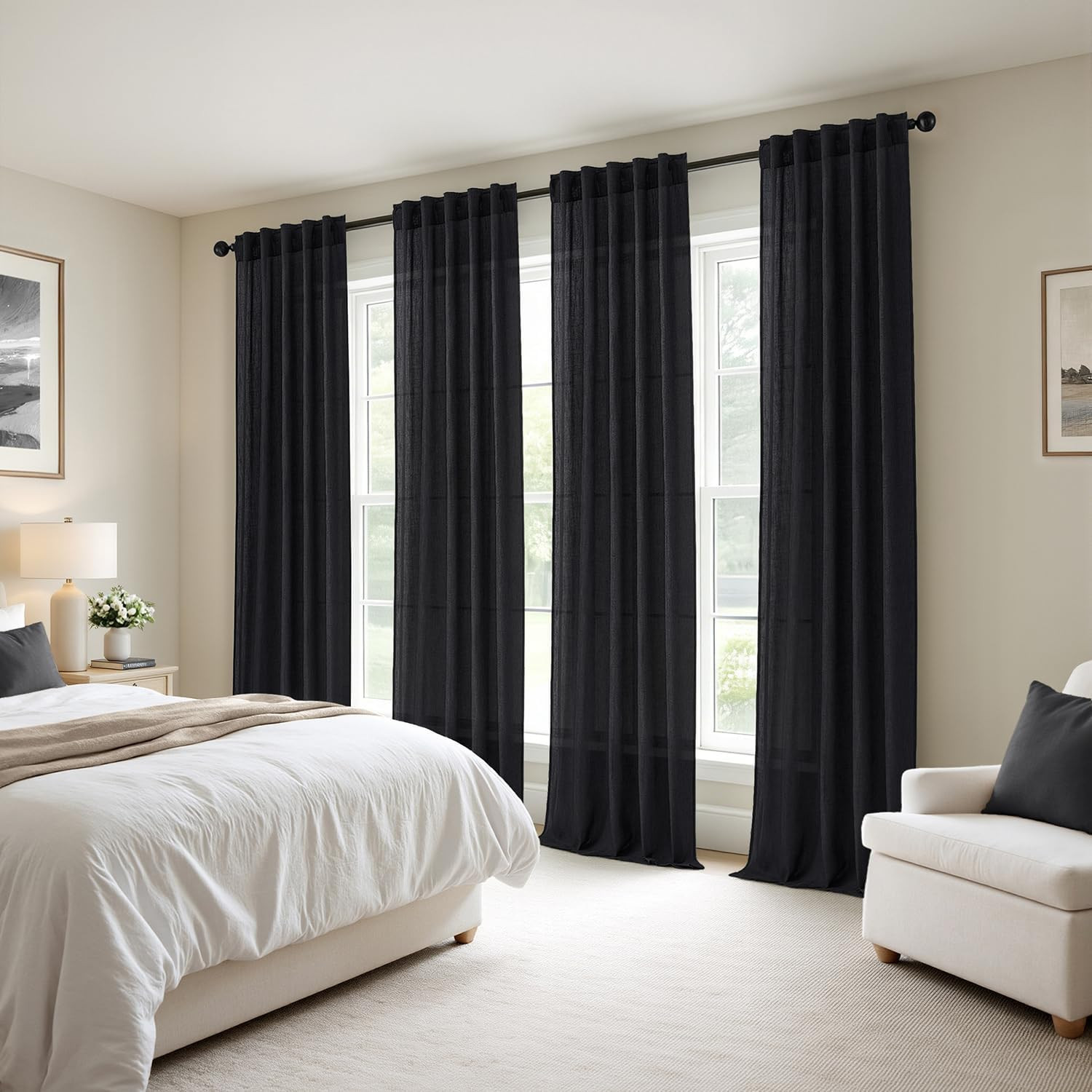 MIULEE Black Linen Curtains 84 Inch Long 4 Panels Light Filtering Window Drapes