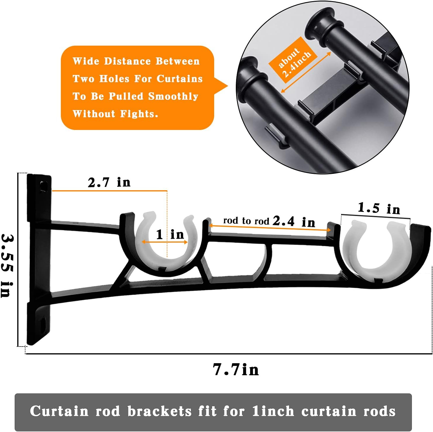 Double Curtain Rod Brackets, 6 Pack Heavy Duty Curtain Rod Holders 1 Inch Black