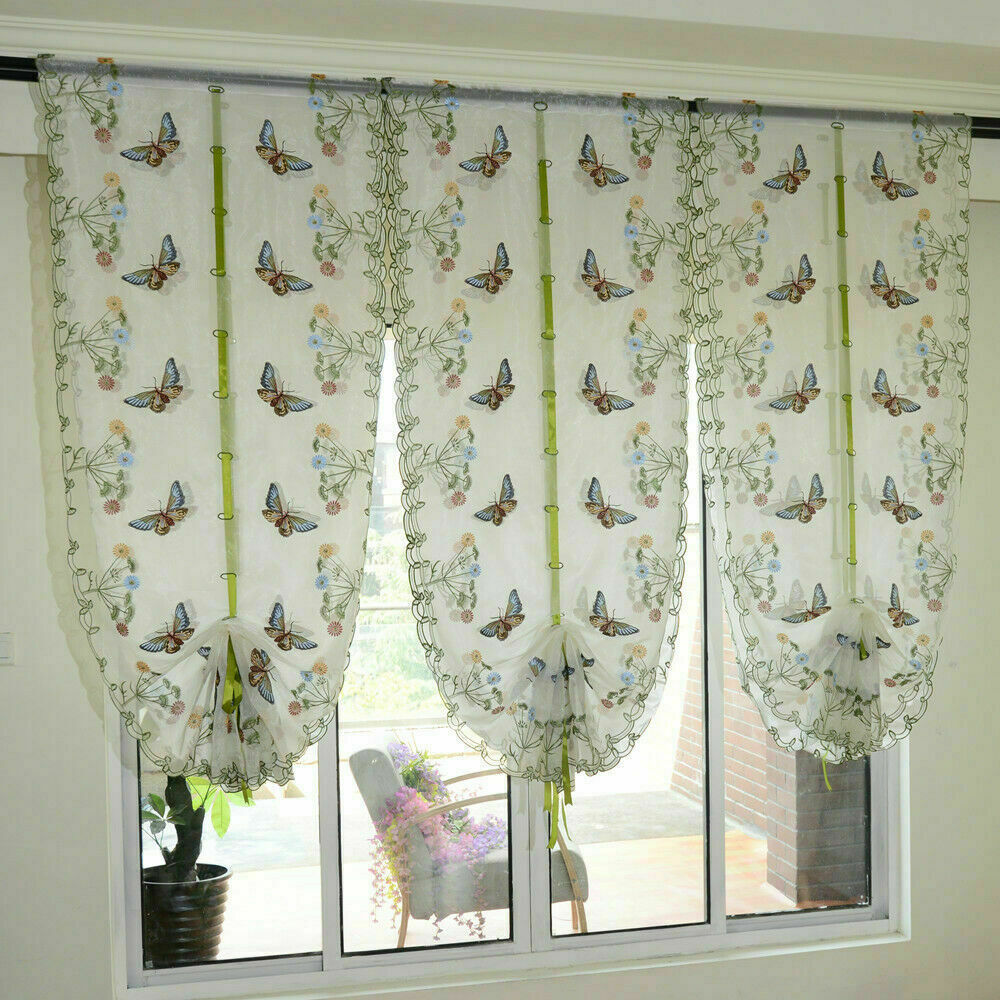 Sheer Window Curtain Tulle Blind Butterfly Embroidery Kitchen Balcony Home Decor