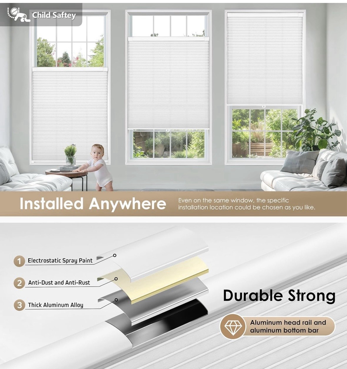 Cordless Cellular Shades, Light Filtering Honeycomb Shades, 26″ W x 48″ H, White