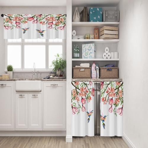 Flower Bird Kitchen Curtains Spring Butterfly Window Curtains Valance and Tier