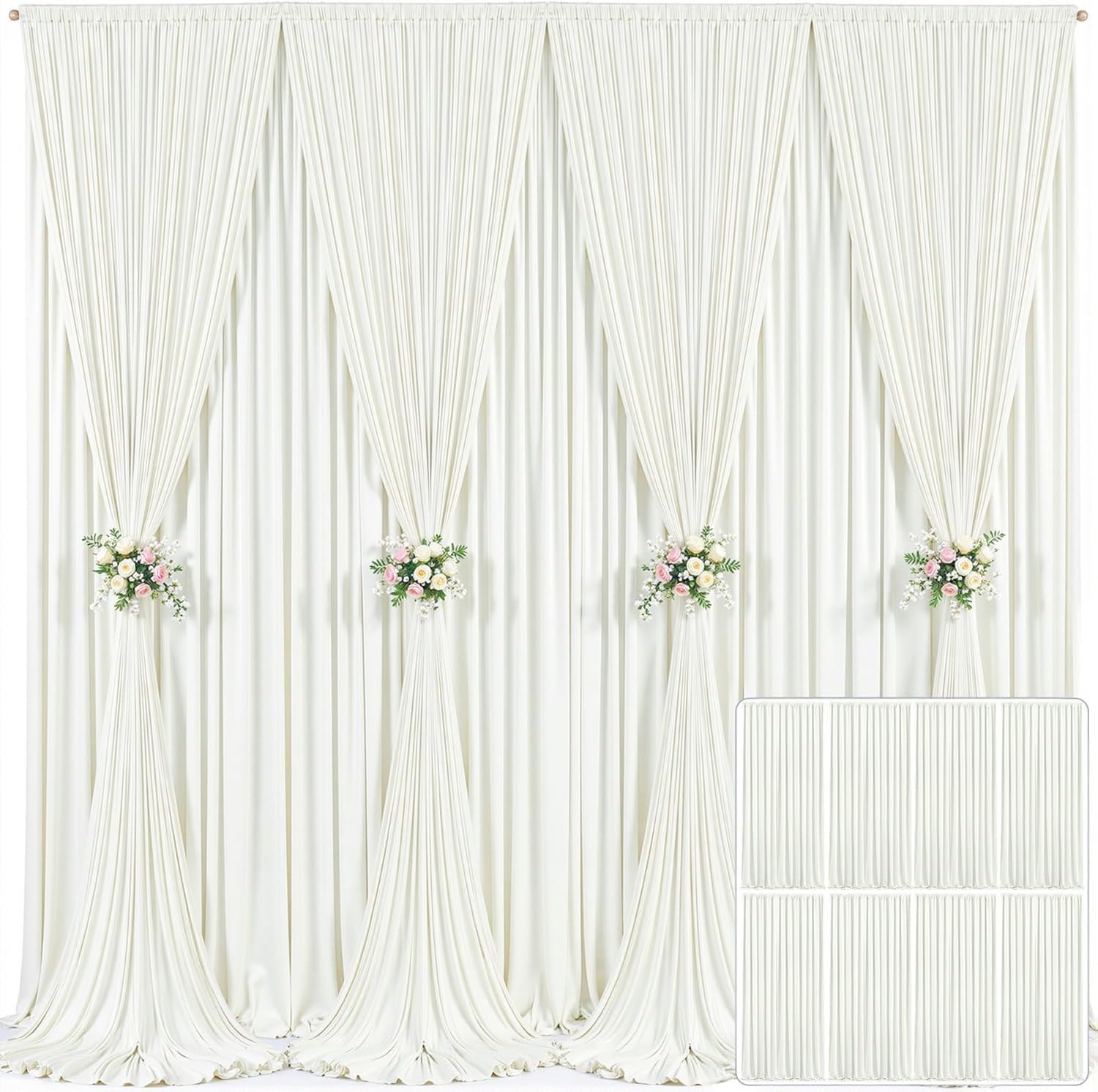 8 Panels Ivory Backdrop Curtain for Wedding Parties Wrinkle Ivory Photo Curtains
