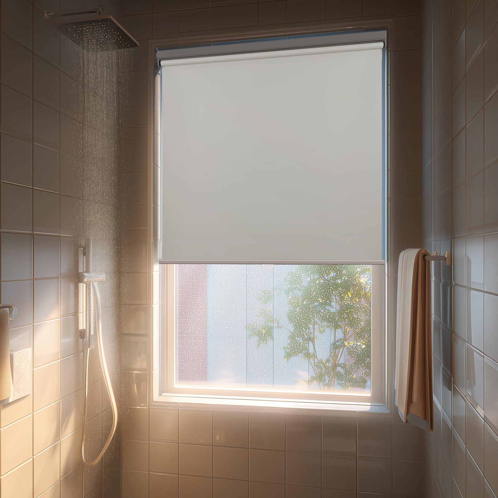 HESTIA No Drill Cordless Blackout Roller Shades Screwless Waterproof Shower W…