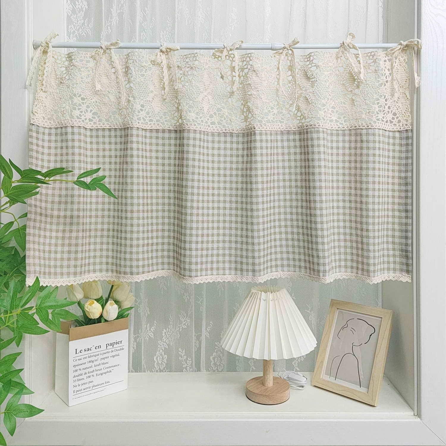 Vintage Buffalo Plaid Valance Stitching Crochet Kitchen Short Curtain Tier Li…