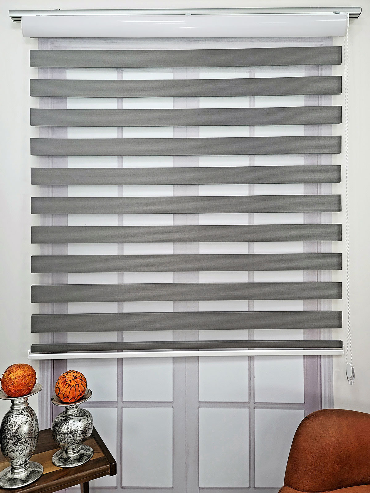 Straight Gray Color Fabric Zebra Roller Blinds Curtain For All Room, Light