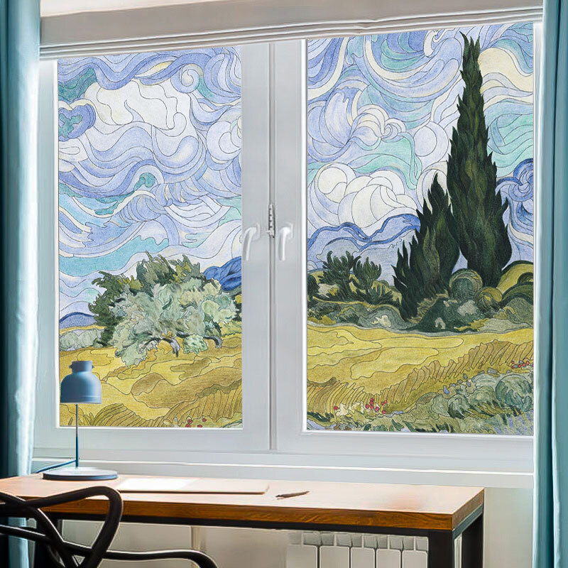 Village Retro Oil Painting Window Film Print Sticker Cling Stained Glass Decor
