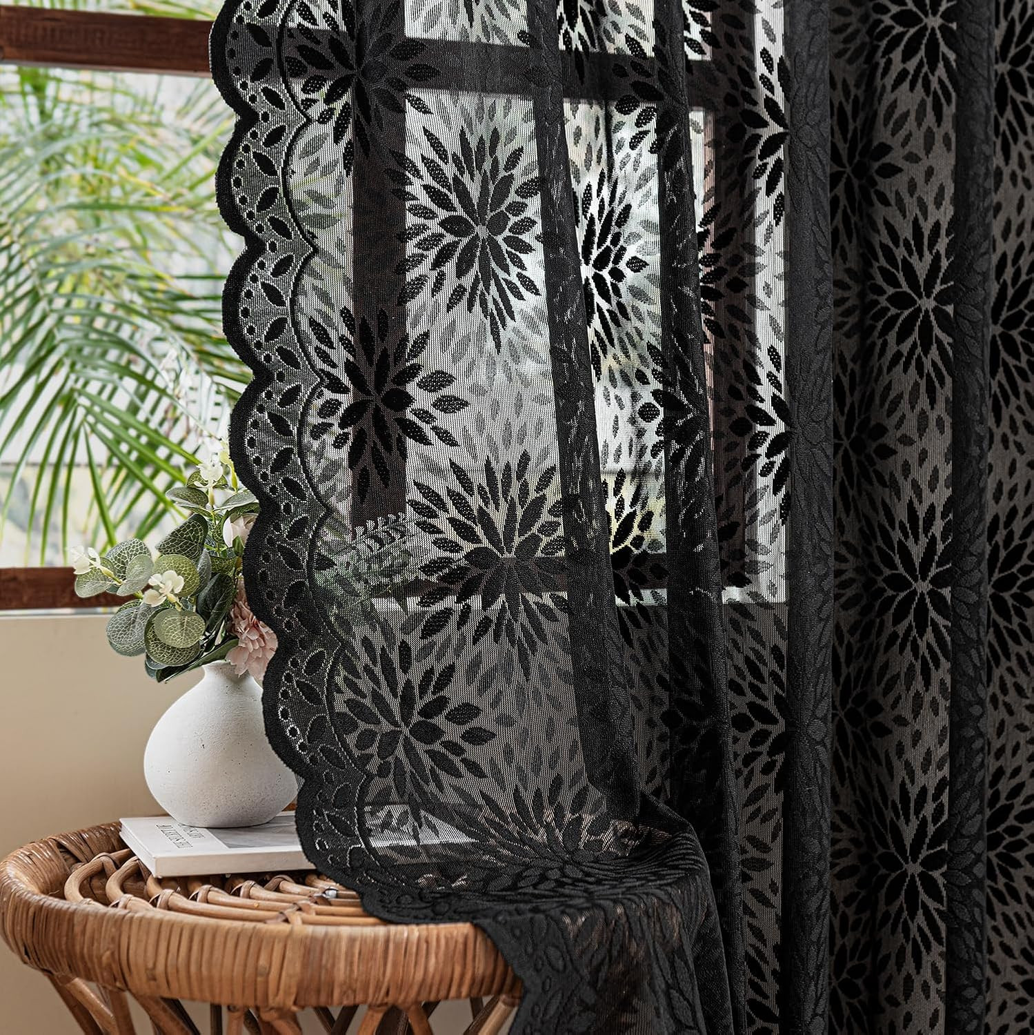 Black Lace Curtains 54 Inch Length, Victorian Floral Semi Sheer Tier
