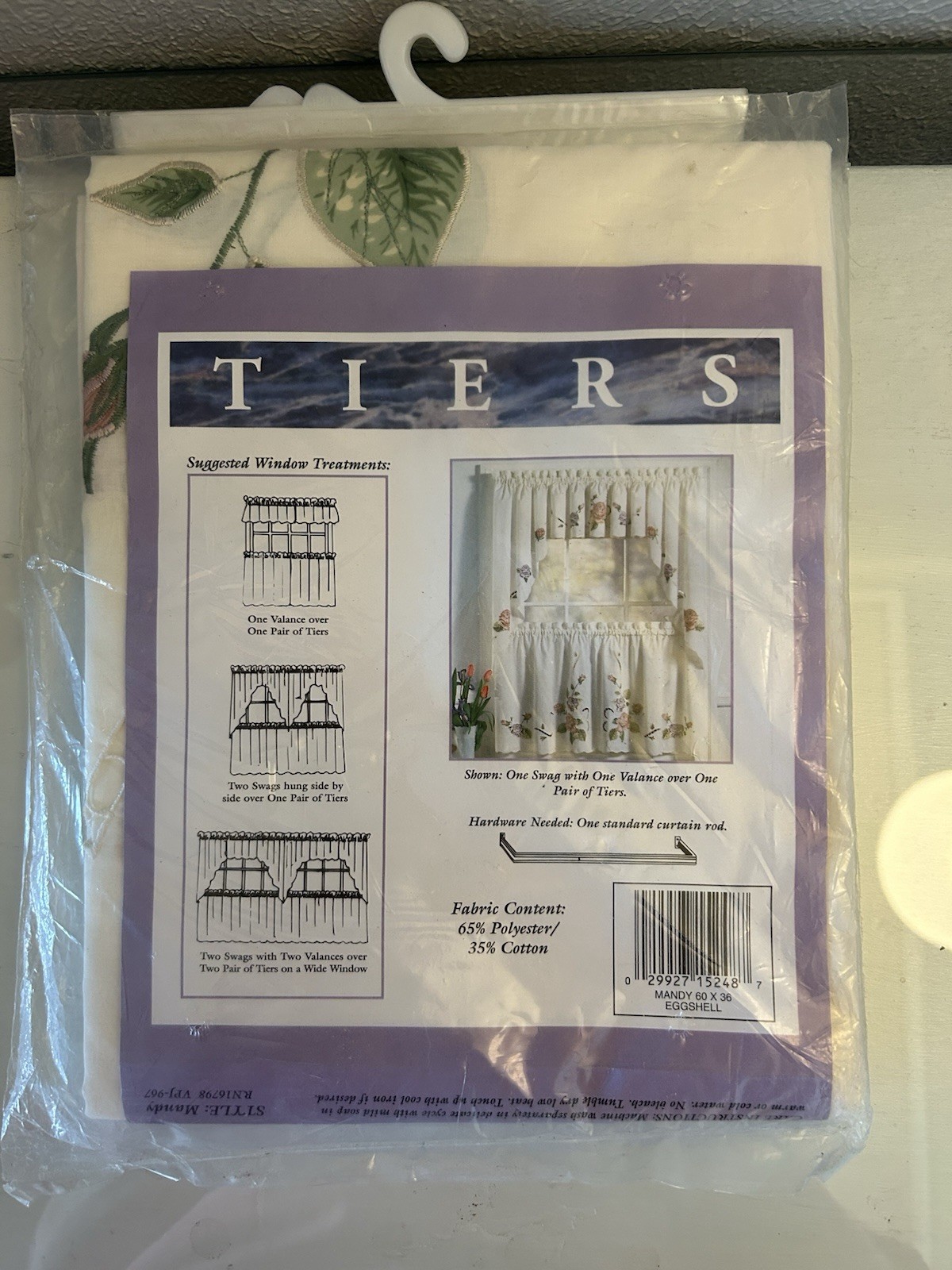 One Pair Tiers Curtains, Eggshell W/Embroidery Roses, 60” Wide X 36” Long