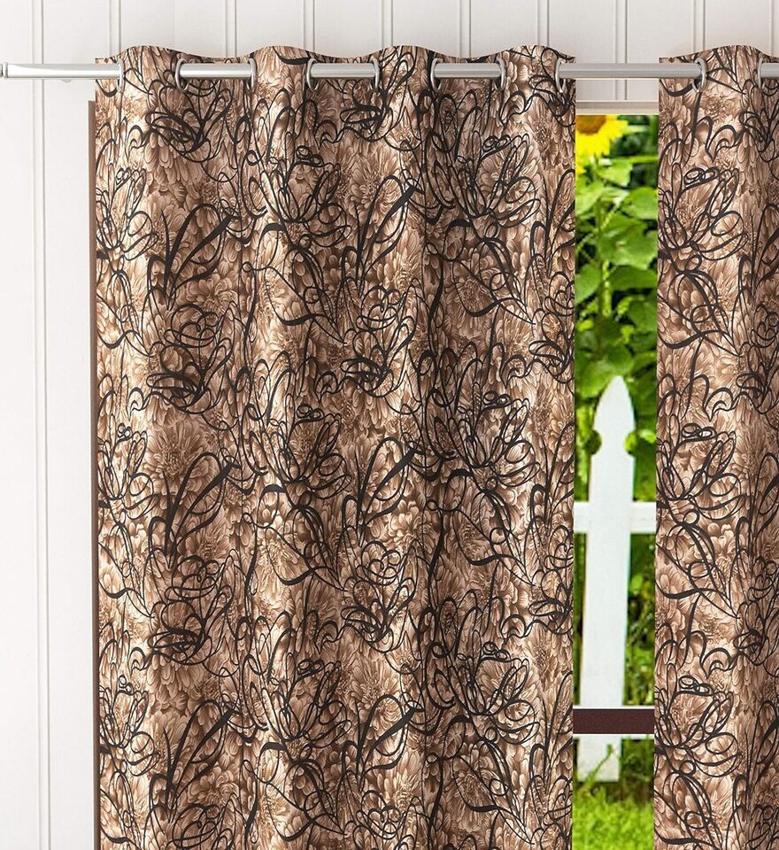 2 Piece Printed Polyester Ringtop Window Door Boho Curtain Set 5 7 9 Feet- Brown
