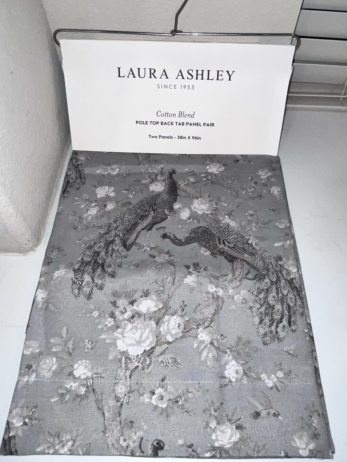 NWT LAURA ASHLEY GRAY PEACOCK AND FLORAL DESIGN CURTAINS/DRAPES SIZE 38”x 96”