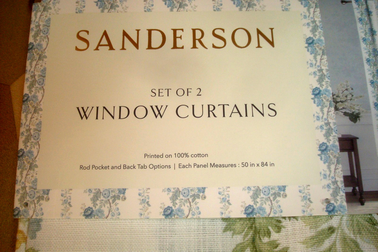NWT Sanderson 2 pc Window Curtain Panels Hykenham Floral Aqua Blue Cotton 84″ lg