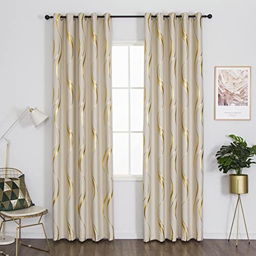 2 Panels Set Foil Print Striped 54″W x 84″L (Pack of 2) Beige and Gold