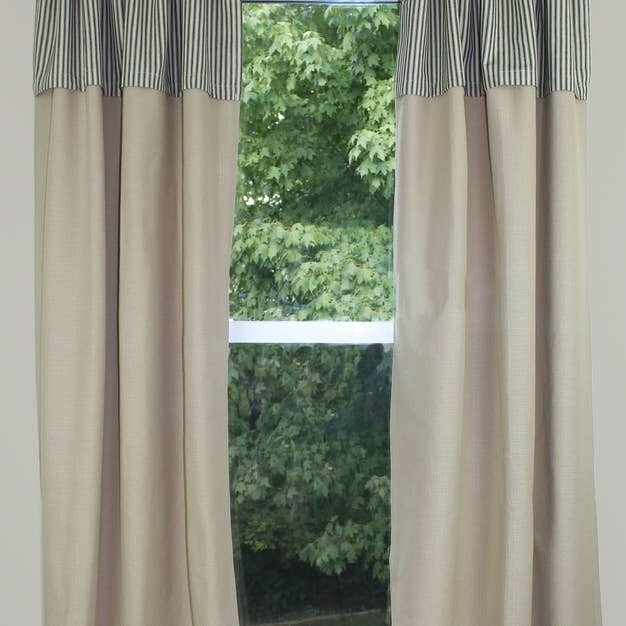 Farmhouse tan Window Curtains with ticking black stripe