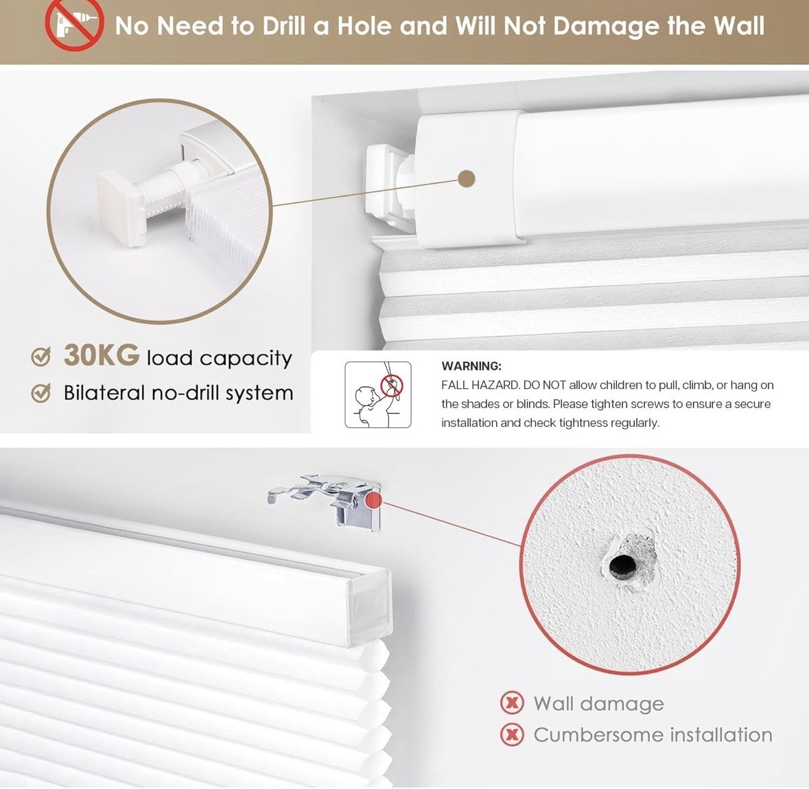 Cordless Cellular Shades, Light Filtering Honeycomb Shades, 26″ W x 48″ H, White