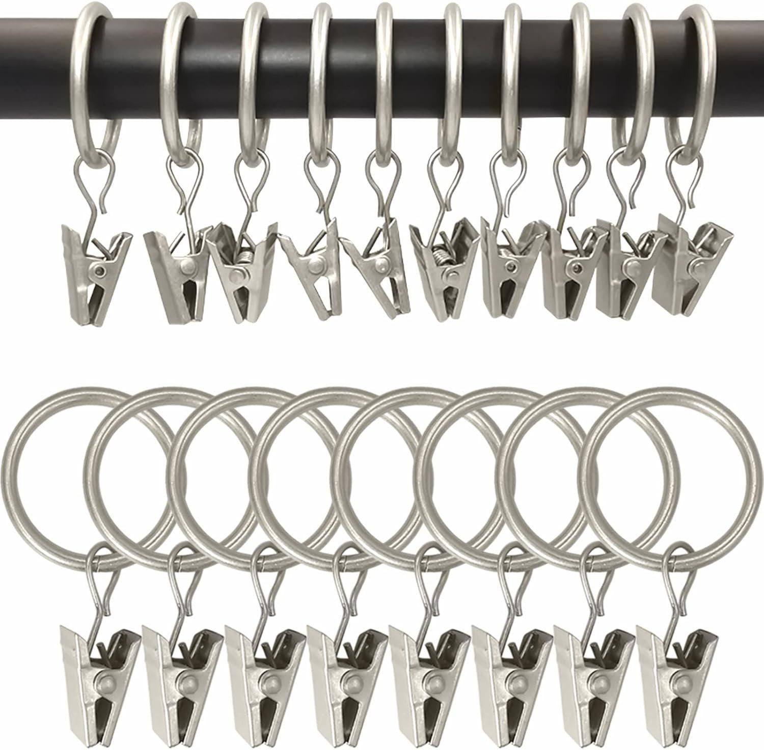 44 Pack Matte Silver Curtain Rings with Clips, Curtain Hooks Hangers Clip Rings
