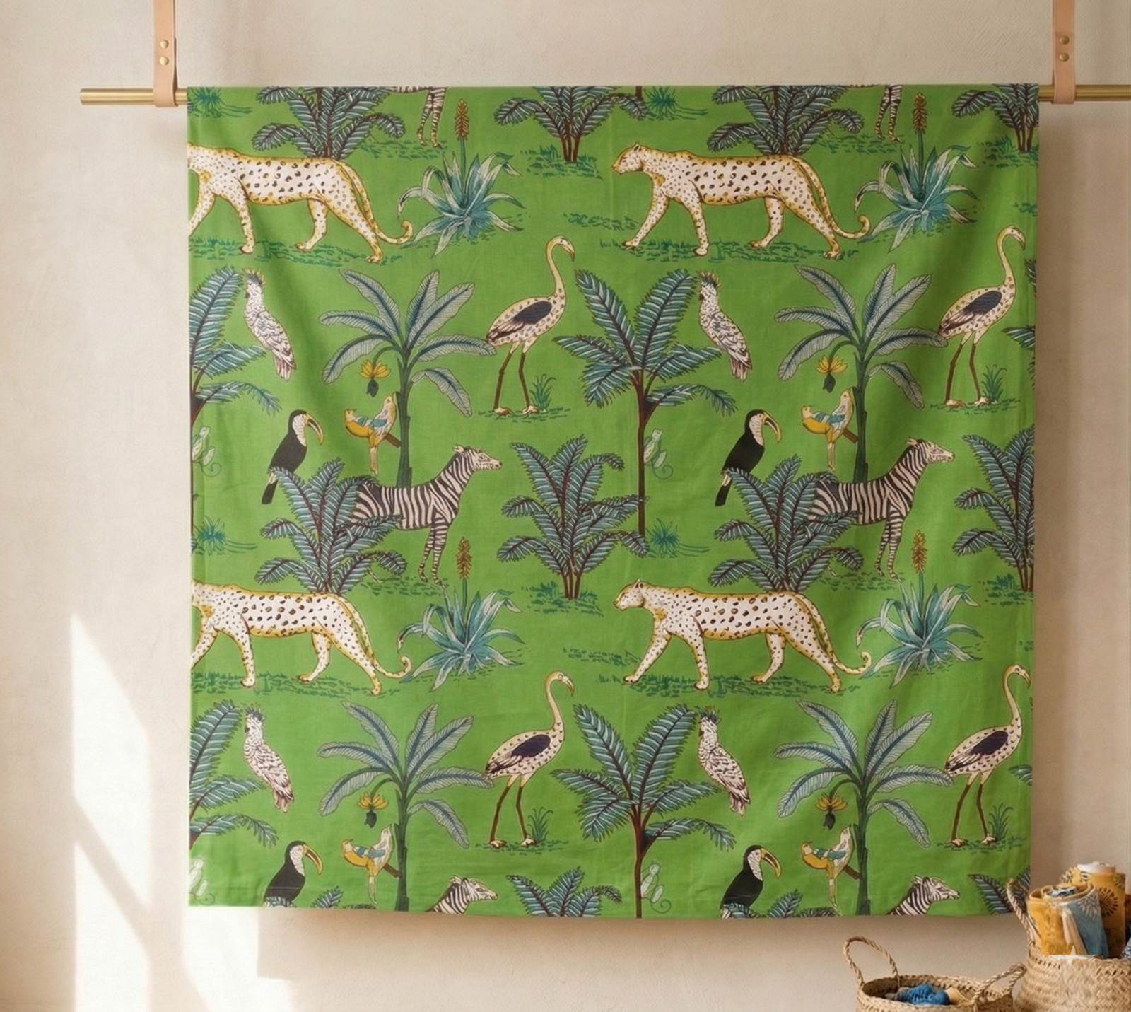 2 Pc Set GREEN Hand Block jungle Print Cotton Curtains Set Jungle Printed Drapes