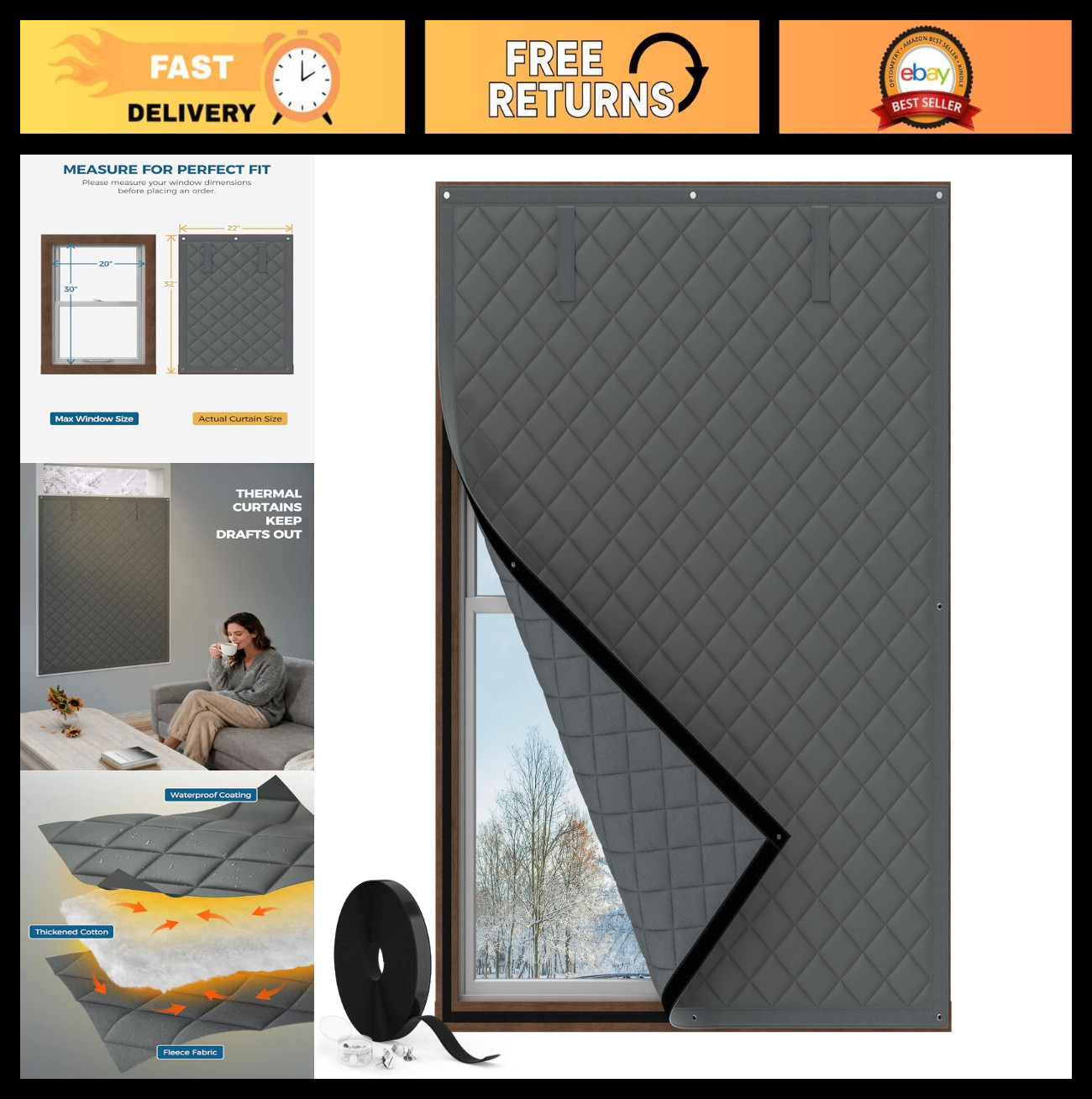 Thermal Insulated Window Cover, 22×32 Inch, Quilted Cotton, Winter Warmth, Grey