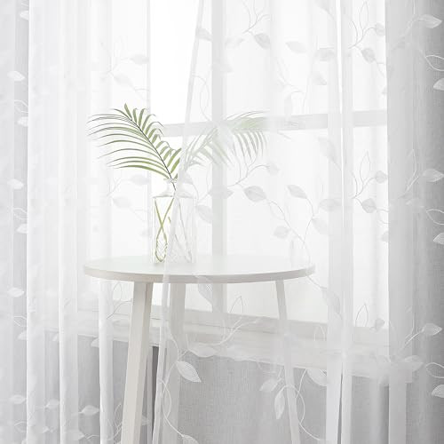 Leaf Sheer Tier Curtain Leaves Embroidered 30″W x 36″L (Pack of 2) White