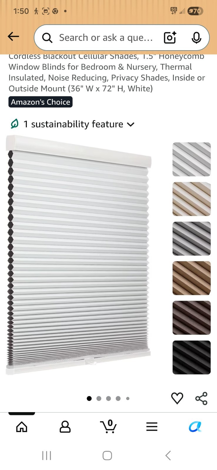 Cordless Blackout Honeycomb Cellular Shade 36×72 White 1.5in Inside/Out