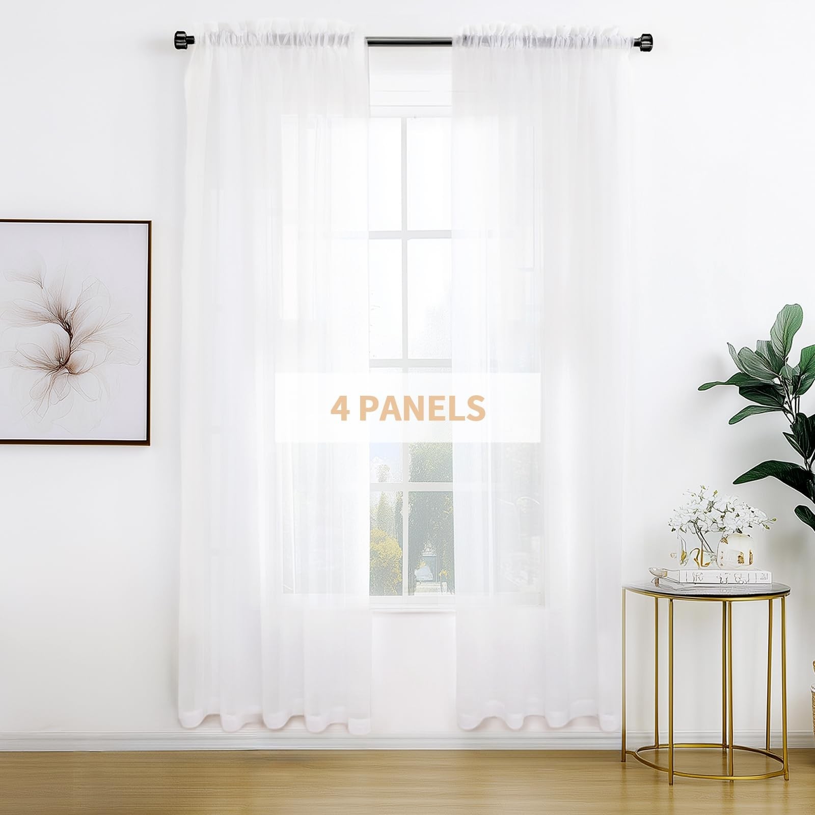 Anjee White Sheer Curtains 90 inch Long 4 Panels Set,Rod Pocket Translucent V…