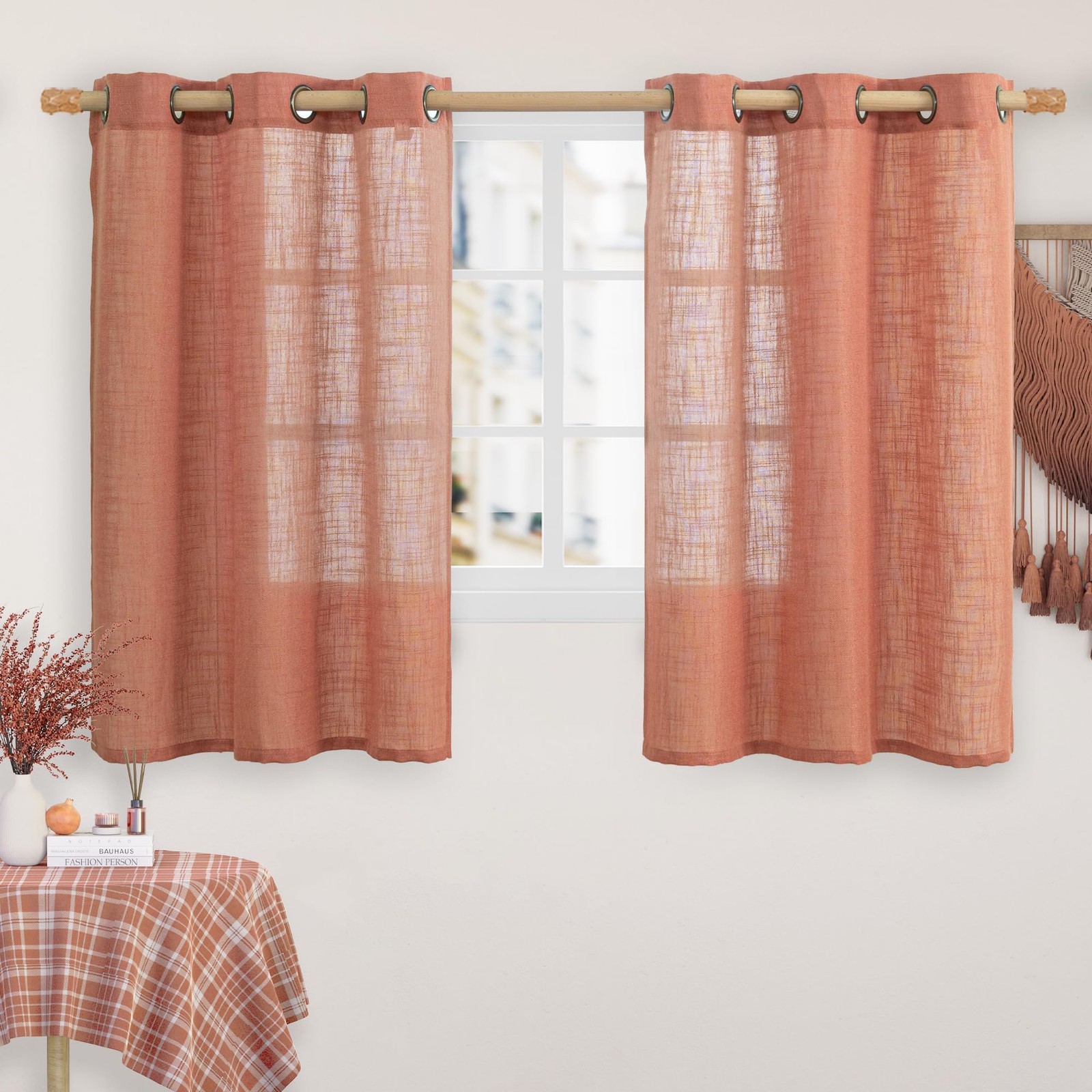 LAMIT Terracotta Linen Semi Sheer Curtains 45 Inch Length, Light Filtering