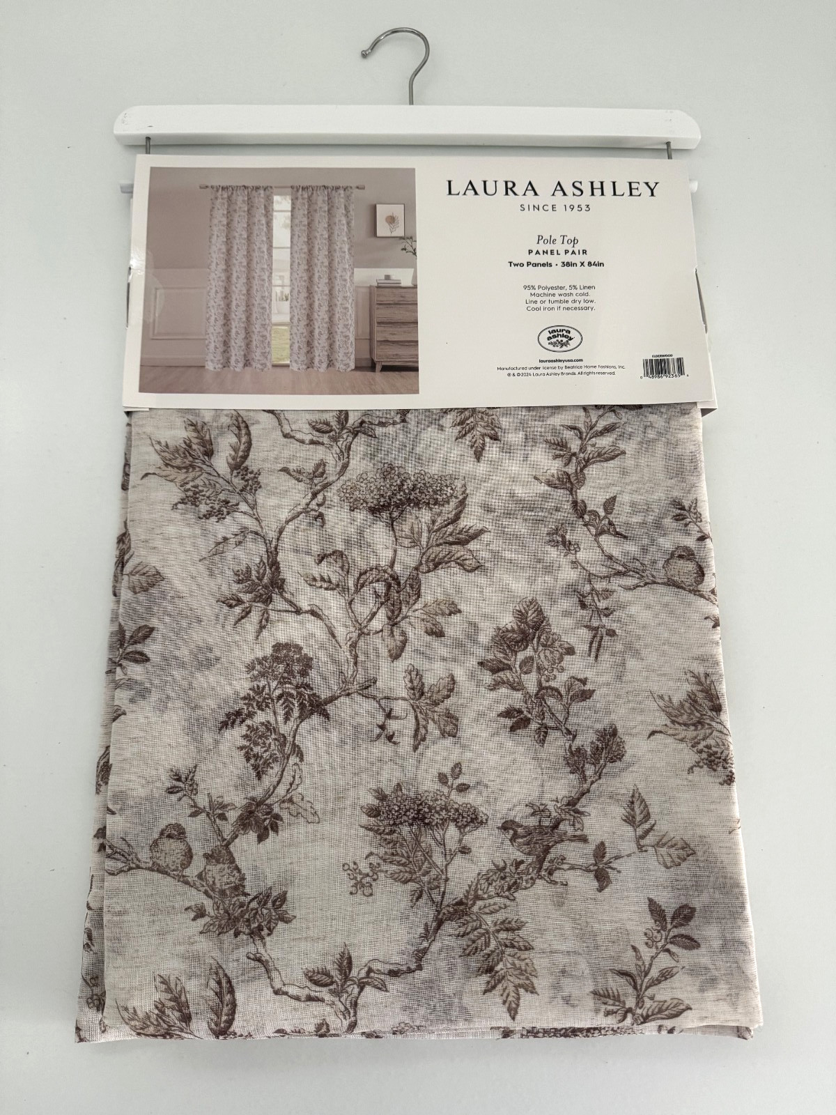 Laura Ashley Window Curtains 2 Panels 38 x 84 Beige Brown Sheer Elderwood Linen