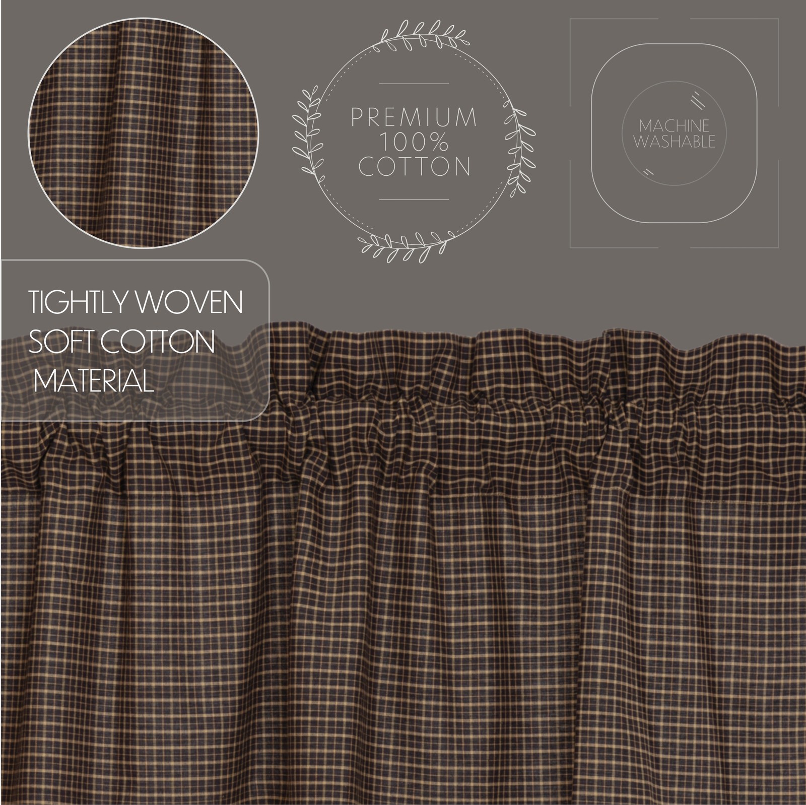 VHC Brands Primitive 84″x40″ Plaid Panel Pair Black Rod Pocket Window Curtains