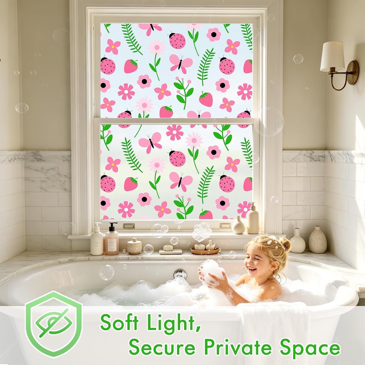 SOMWISE Frosted Window Privacy Film Pink Garden 23.5″x78.5″ Static Cling UV