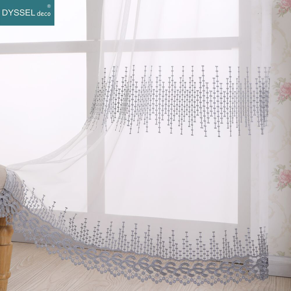 Pairs Modern Floral Embroidered Scallop Stripe Voile Tulle Sheer Windows Curtain