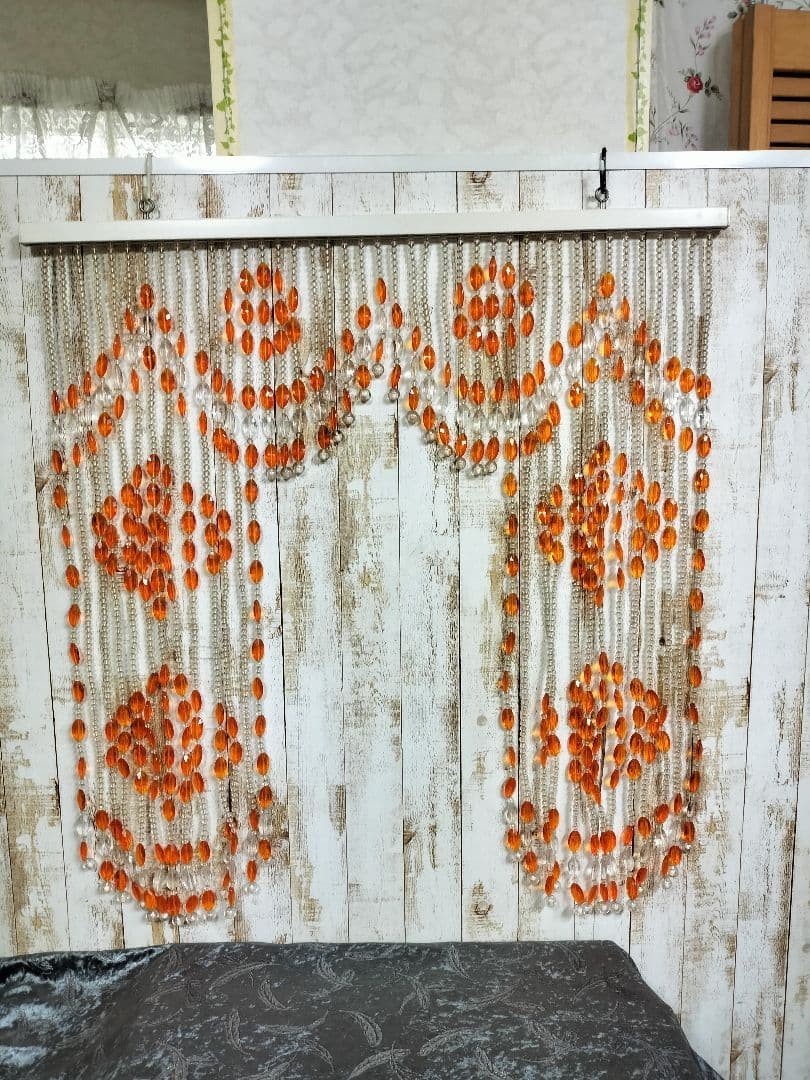 Vintage Japanese Beaded Noren Curtain Orange Clear Plastic Showa Retro Divider