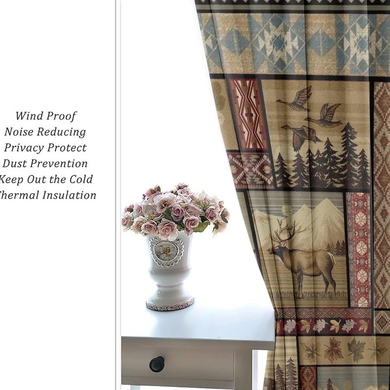 Blackout Curtains Grommet Panels Soft Polyester Deer Bear Print Room Darkening