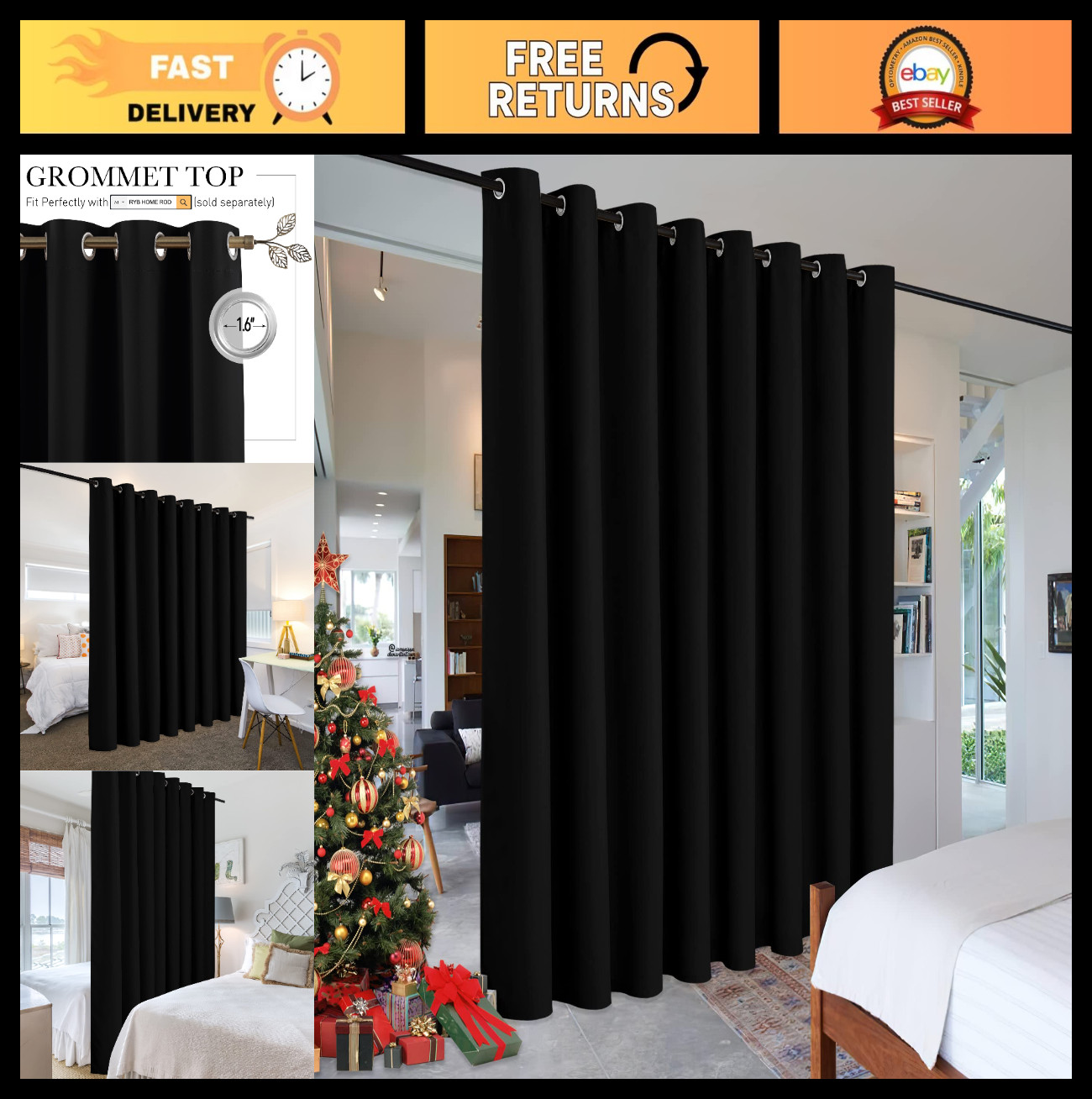 Extra Wide Black Privacy Divider Curtain – 8ft Tall x 15ft Wide, Portable Room D