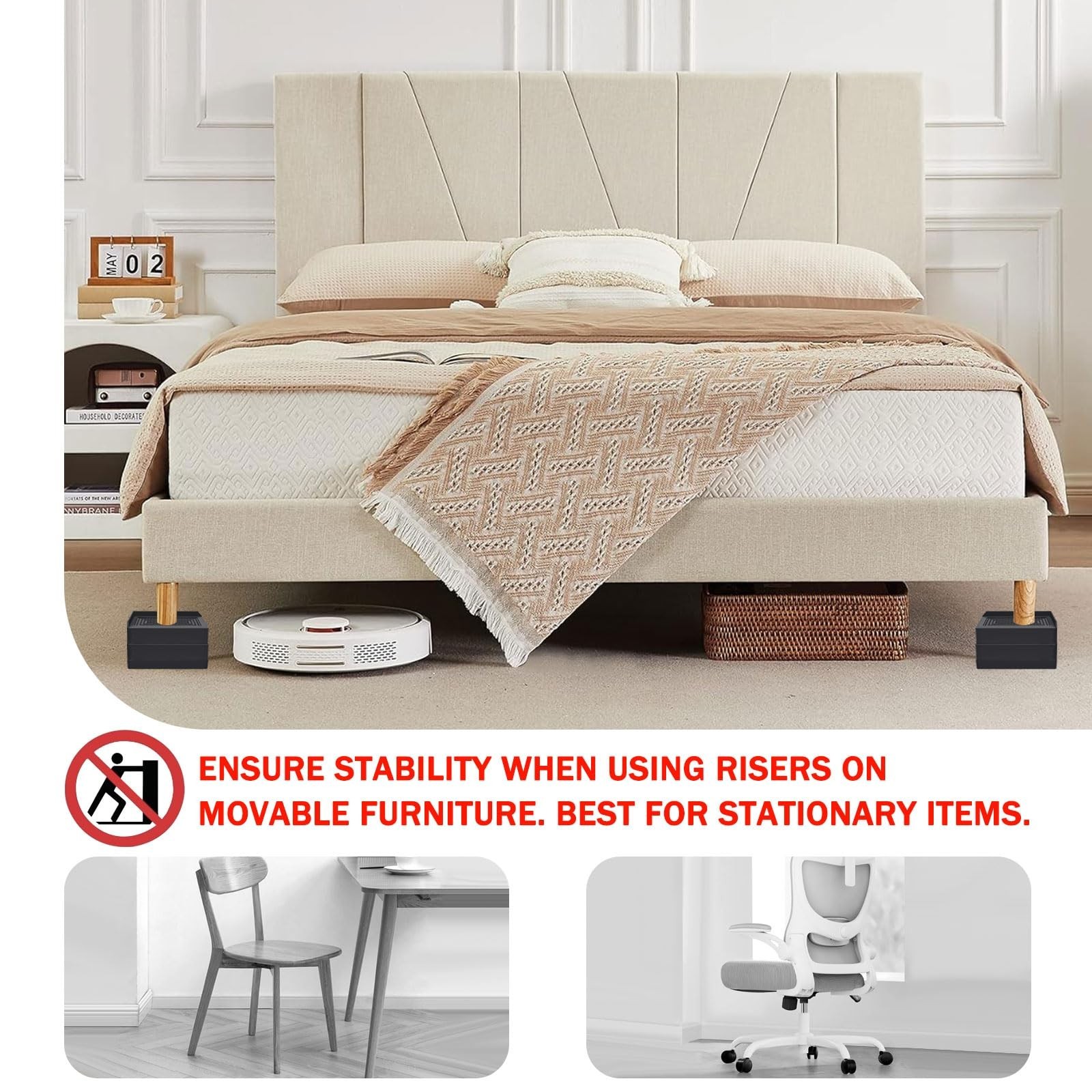 ANNKUT Rectangle Bed Risers, 3 Inch Heavy Duty Adjustable Furniture Risers fo…