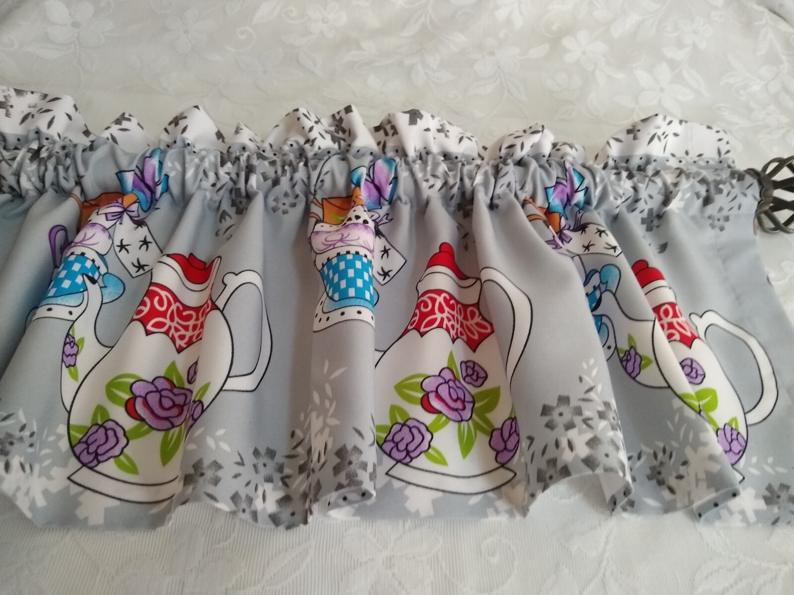 Teapot Kitchen Valance 12″ & 14″ Teacup Prints Teatime Lined Kitchen Valance