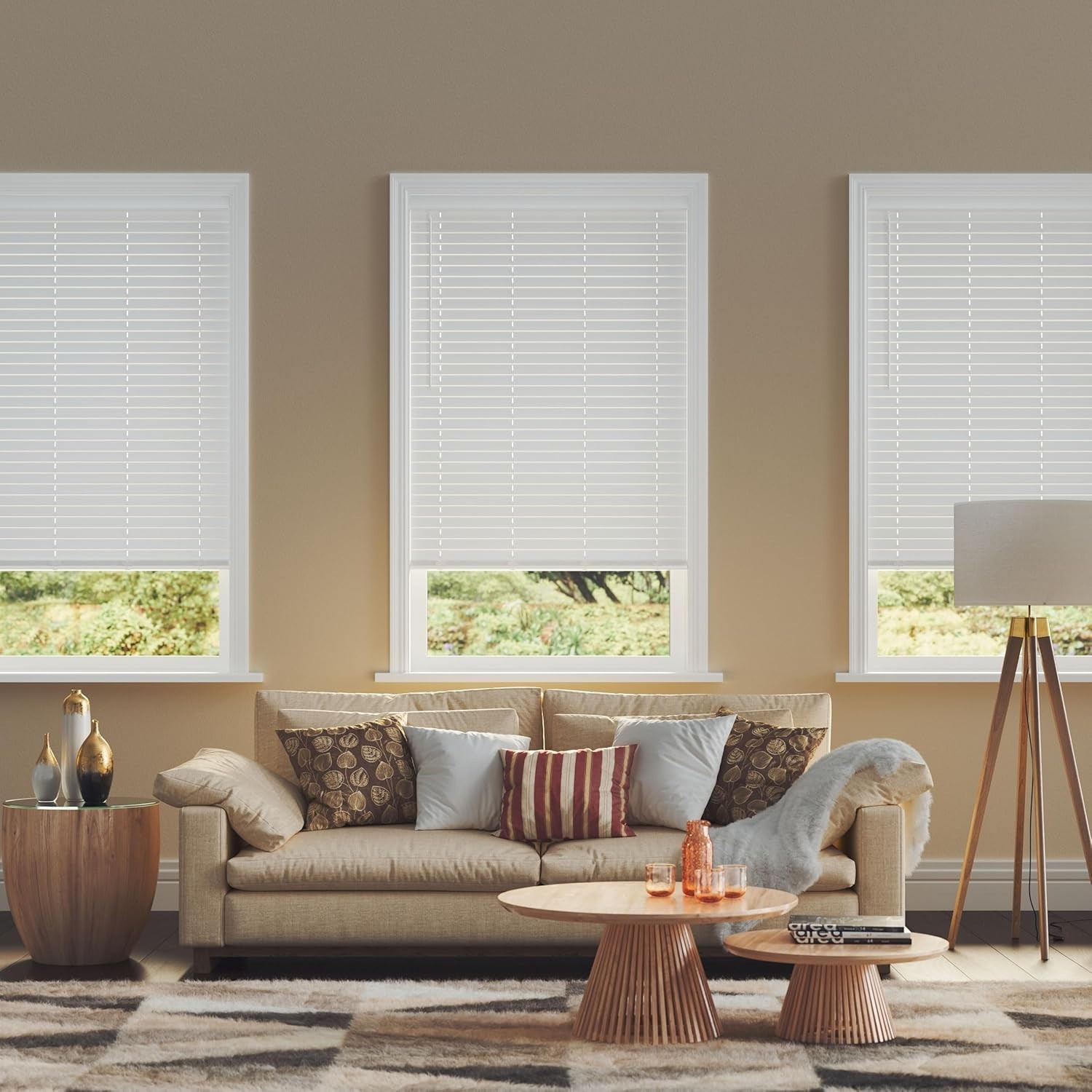 Cordless Faux Wood Window Blinds – 32″ x 64″ White