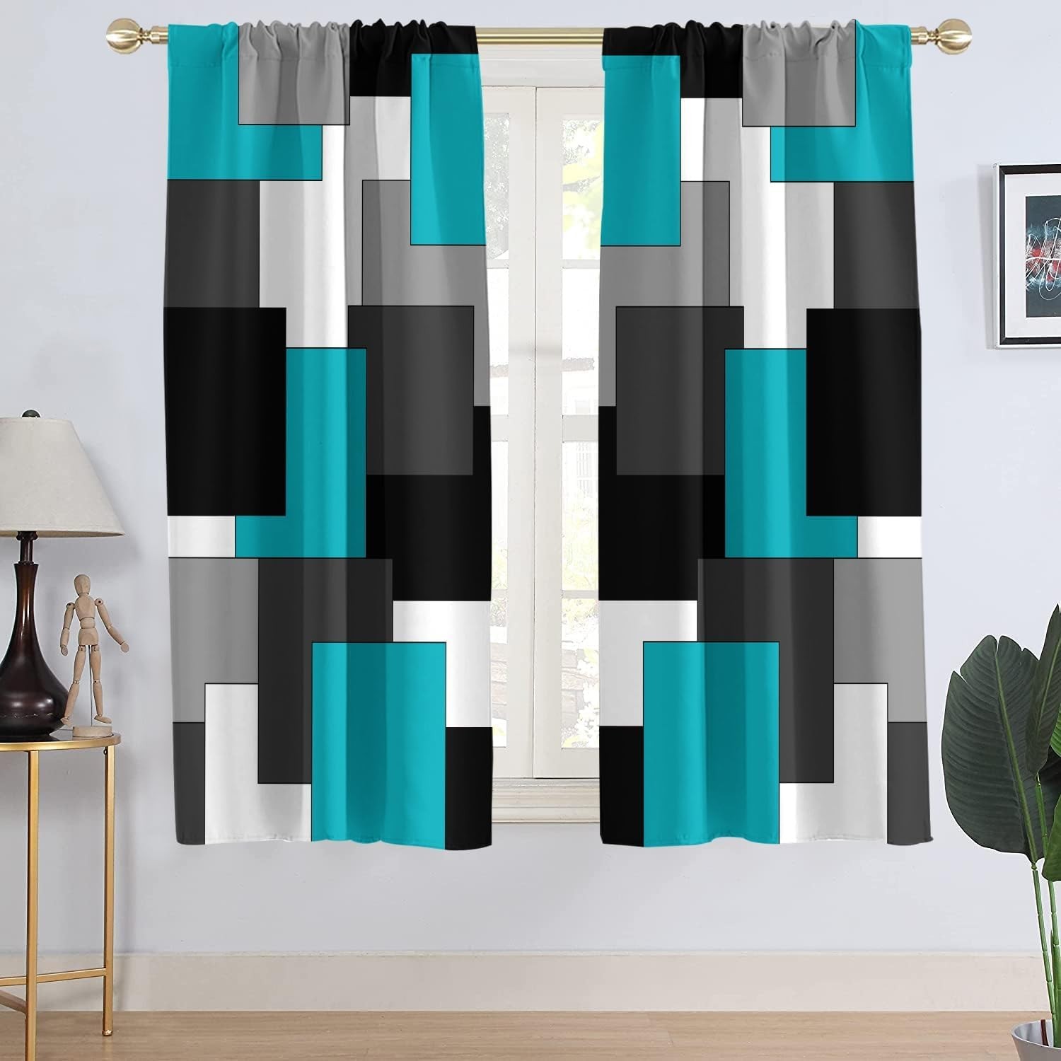 Aatter Teal And Black Window Curtain Turquoise Aqua Grey Gray White Dark