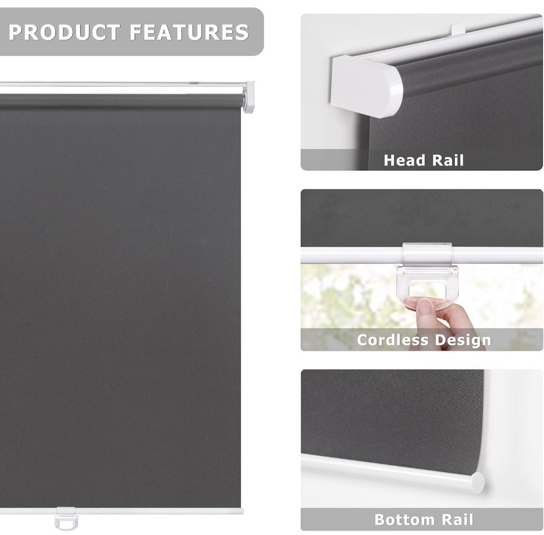 LazBlinds No Drill Cordless Roller Shades, 45×72, Grey